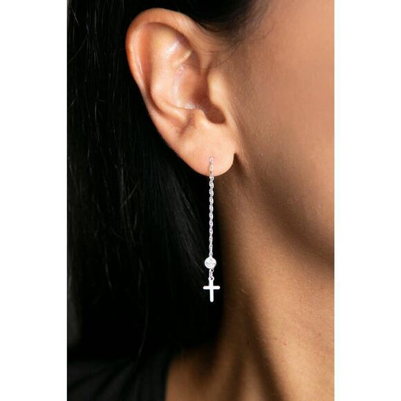 925 Sterling Silver Gold Cross Earrings | Stone Detail | Threader Chain Style - Picture 7 of 7